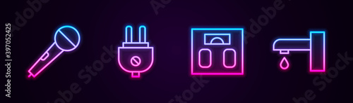 Set line Microphone, Electric plug, Bathroom scales and Water tap. Glowing neon icon. Vector.