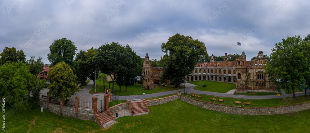 Panoramic view of Tworkau Castle ruins, Tworków in Poland. Drone photography.