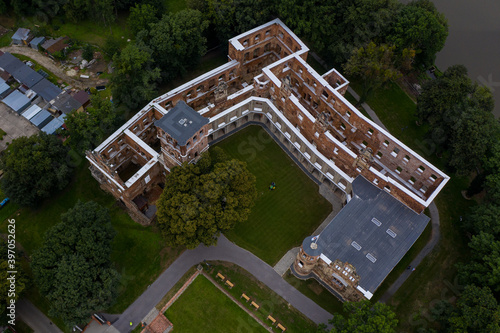 Panoramic view of Tworkau Castle ruins, Tworków in Poland. Drone photography. photo