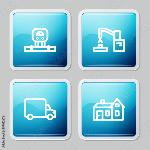 Set line Smart sensor, Robotic robot arm hand factory, Delivery cargo truck and House icon. Vector.