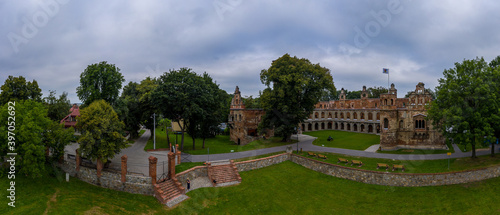 Panoramic view of Tworkau Castle ruins, Tworków in Poland. Drone photography.