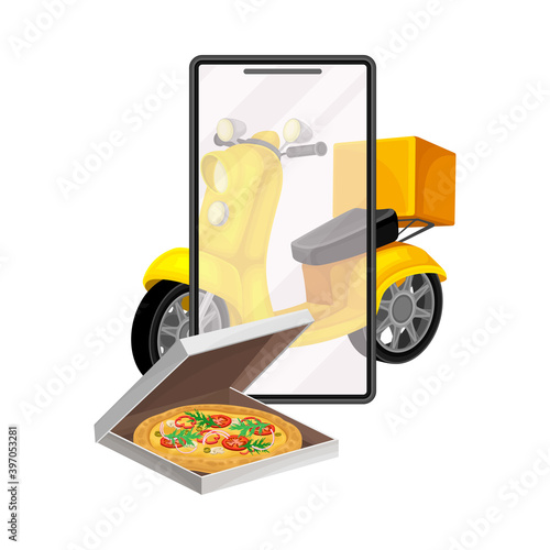 Pizza and Scooter with Mobile Phone Screen as Online Restaurant Delivery Vector Illustration