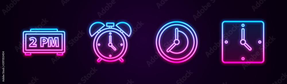 Set line Digital alarm clock, Alarm, Clock and . Glowing neon icon. Vector. Set line Digital alarm clock, Alarm, Clock and . Glowing neon icon. Vector.