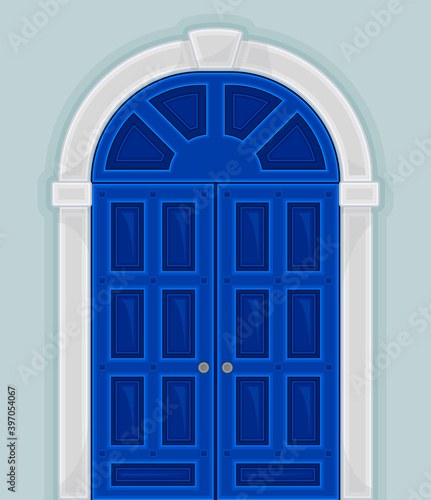 Arched Blue Double Door as Building Entrance Exterior Vector Illustration