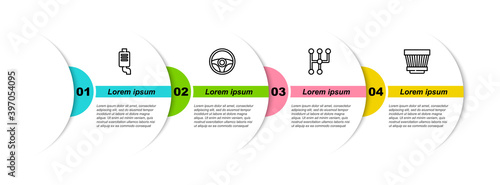 Set line Car muffler, Steering wheel, Gear shifter and air filter. Business infographic template. Vector.
