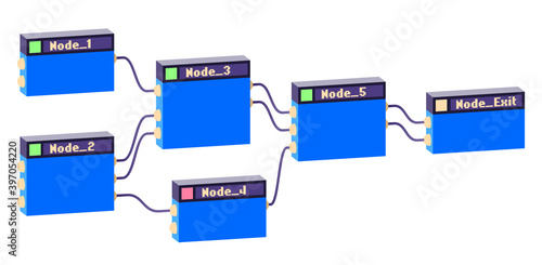 Linked nodes construction with logic and mathematical units connected for calculation. Abstract IT illustration for developing and creating process.