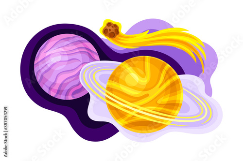 Solar System Planet and Flying Meteorite or Air Stone Vector Illustration