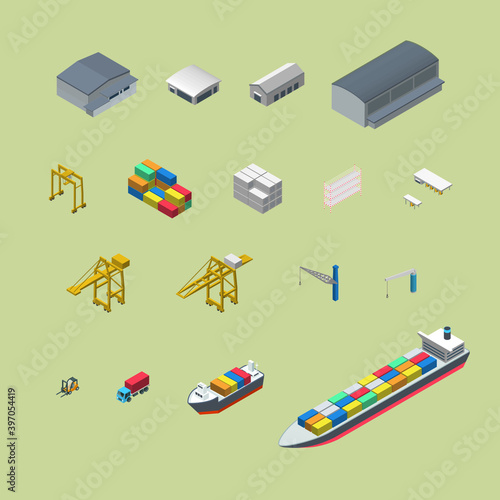 The beautiful isometric vector set of Port terminal elements, container ship, bulk ship, truck, forklift, gantry crane, jib crane, RTGs, reefer rack, container box, port gate, warehouse, and buildings