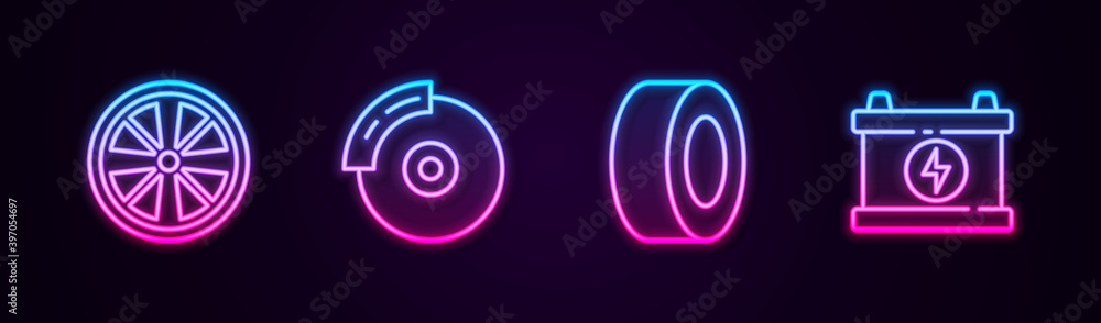 Set line Alloy wheel, Car brake disk with caliper, tire and battery. Glowing neon icon. Vector. Set line Alloy wheel, Car brake disk with caliper, tire and battery. Glowing neon icon. Vector.