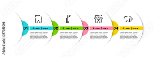 Set line Broken tooth, Tooth drill, Teeth with braces and treatment procedure. Business infographic template. Vector.