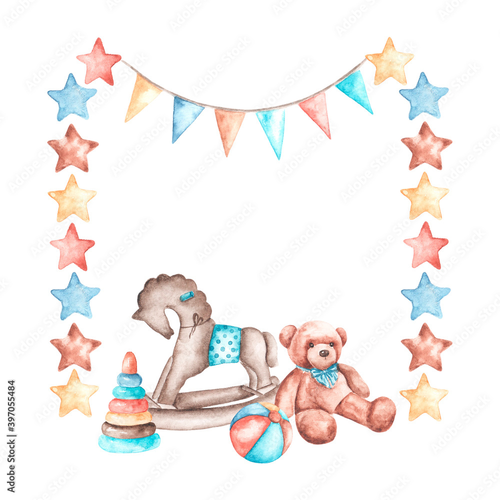 Obraz premium Watercolor baby frame. Baby shower, Birthday. Newborn, little boy. Kids toys. Wooden horse, pyramid, ball, bear, stars, flags. Illustration isolated. For printing on postcards, invitations, albums.