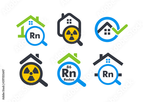 House with magnifying flat cartoon style vector logo concept. Radon home testing company isolated icon on white background. Removal of radioactive gases sign collection for business and startup