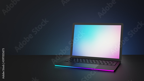 Laptop computer with blue pink lighting and blank screen place on dark background. 3D illustration image.