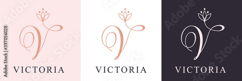 Letter V logo template. Monnogram, delicate floral design. Personal logo. Vector design.