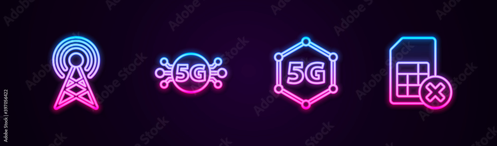 Fototapeta premium Set line Antenna, 5G network, and Sim card rejected. Glowing neon icon. Vector.