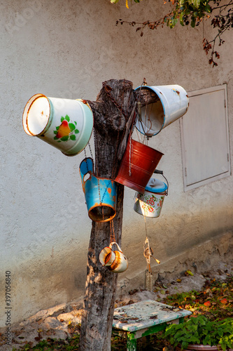 Painted water bucket - used on only at the Eastern Festival - now at on display.  Holloko is a traditional village in Hungary, also a UNESCO World heritage site