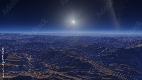 science fiction illustration, alien planet landscape, view from a beautiful planet, beautiful space background 3d render 