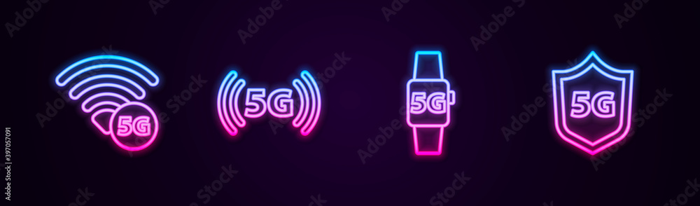 Set line 5G network, , Smart watch and Protective shield. Glowing neon icon. Vector. Set line 5G network, , Smart watch and Protective shield. Glowing neon icon. Vector.