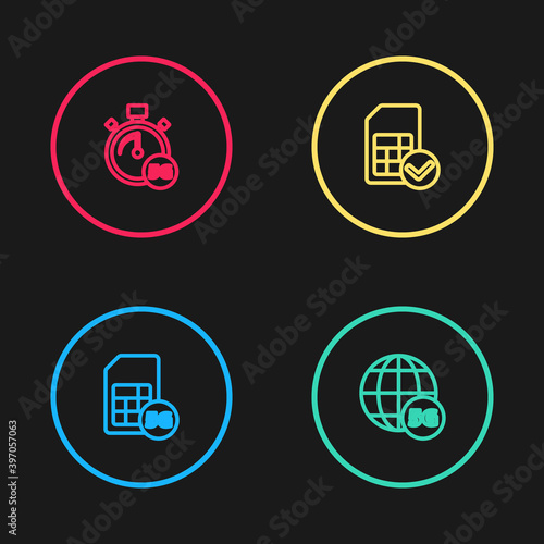 Set line 5G Sim Card, network, card and Digital speed meter icon. Vector.