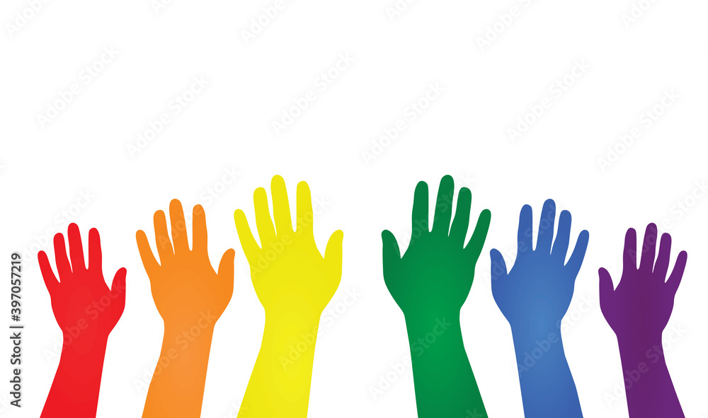 Various colored raised hands. vector