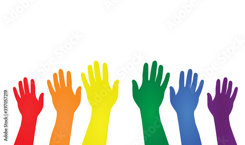 Various colored raised hands. vector