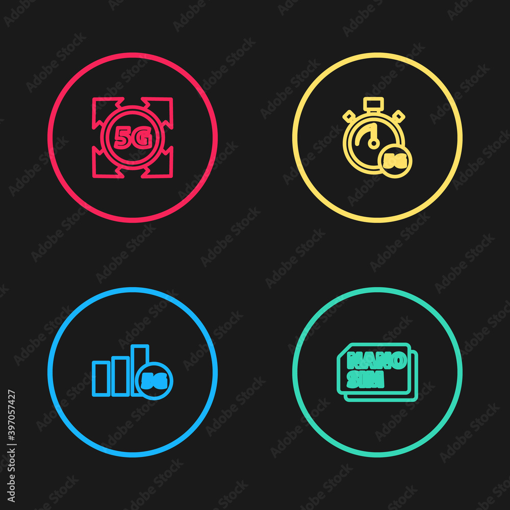 Set line 5G network, Nano Sim Card, Digital speed meter and icon. Vector. Set line 5G network, Nano Sim Card, Digital speed meter and icon. Vector.