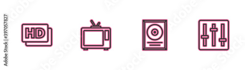 Set line Hd movie, tape, frame, CD disk award in, Retro tv and Sound mixer controller icon. Vector.