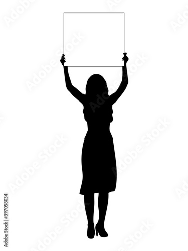 Silhouette woman holds banner placard blank white sheet for text space