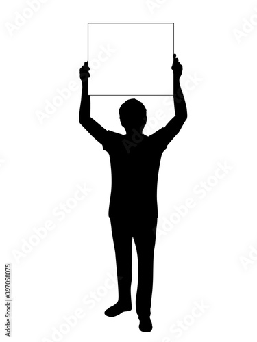 Silhouette men holds banner placard blank white sheet for text space