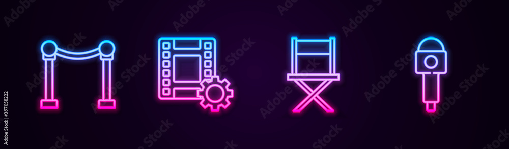 Set line Rope barrier, Play Video, Director movie chair and Microphone. Glowing neon icon. Vector.