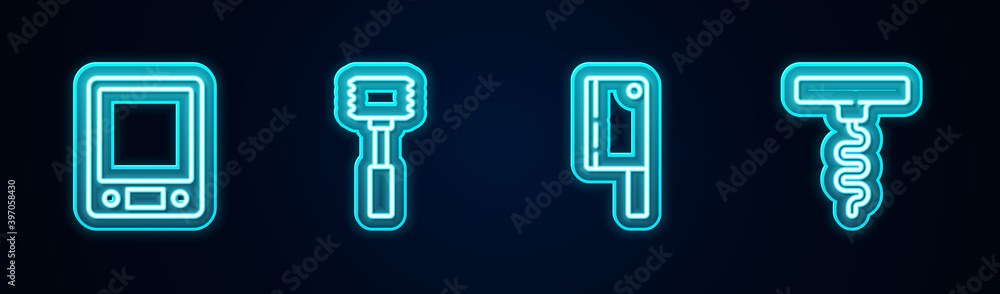 Set line Electronic scales, Kitchen hammer, Meat chopper and Wine corkscrew. Glowing neon icon. Vector.
