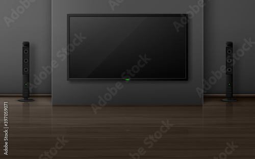 Tv set with dynamics in living room interior, home theater system with television on wall, empty house apartment with wooden floor. apartment design visualization, Realistic 3d vector illustration