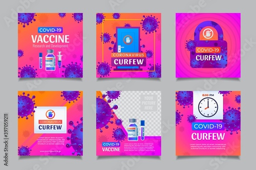 Coronavirus vaccine and curfew concept, social media post templates with realistic illustration.