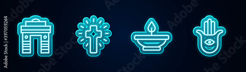 Set line India Gate in Delhi, Christian cross, Aroma lamp and Hamsa hand. Glowing neon icon. Vector.