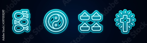 Set line Tandoori chicken, Yin Yang, Indian spice and Christian cross. Glowing neon icon. Vector.
