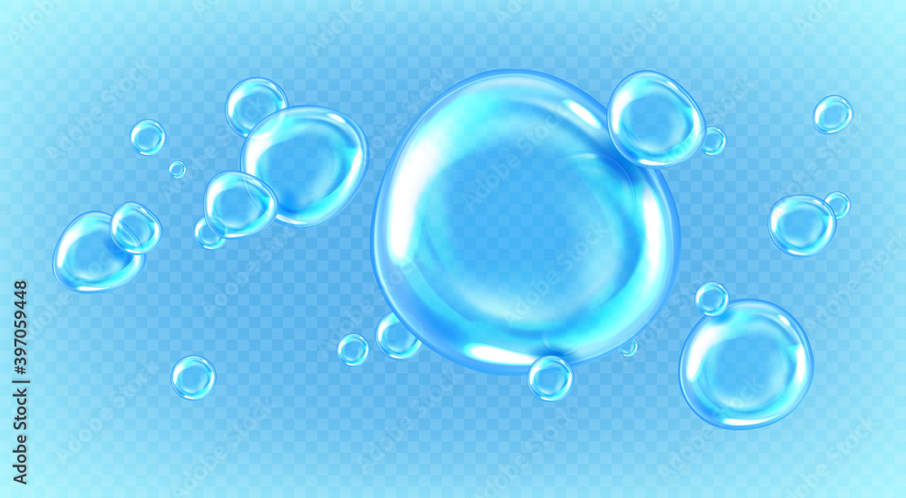 Liquid drops or air bubbles in water isolated on transparent background. Vector realistic set of clean rain droplets, blue pure balls of clear aqua, 3d shiny dew or tears