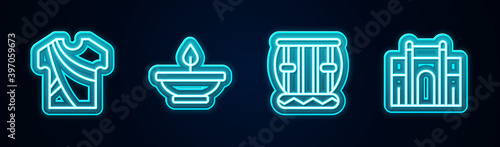 Set line Indian man dress, Aroma lamp, Instrument tabla and Gate in Delhi. Glowing neon icon. Vector.
