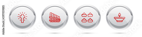 Set line Christian cross, Pan flute, Indian spice and Aroma lamp. Silver circle button. Vector.