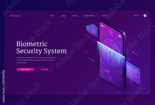 Biometric security system isometric landing page. Personal data protection, online access on smartphone screen with fingerprint and lock, user account verification and privacy, 3d vector web banner