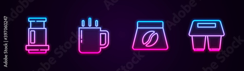 Set line Aeropress coffee, Coffee cup, Bag beans and to go. Glowing neon icon. Vector.
