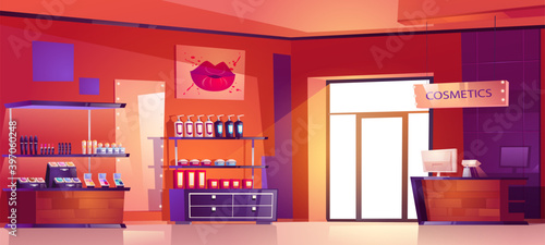 Cosmetics shop with products for makeup, skincare and perfume on shelves. Vector cartoon interior of beauty store with cashbox on counter, showcases with lotion bottles, skin care goods and lipsticks