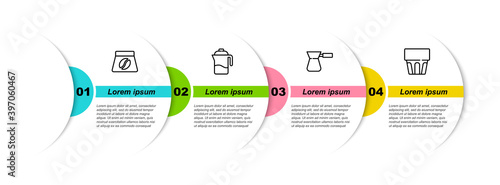Set line Bag of coffee beans, French press, Coffee turk and Glass with water. Business infographic template. Vector.