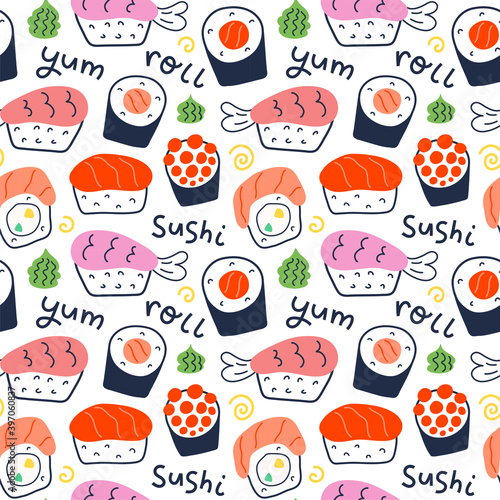 Sushi rolls pattern, seafood illustration, philadelphia, maki and nigiri, yummi japanese food with salmon and shrimp, cute doodle art, seamless vector background for sushi bar, cafe and delivery photo