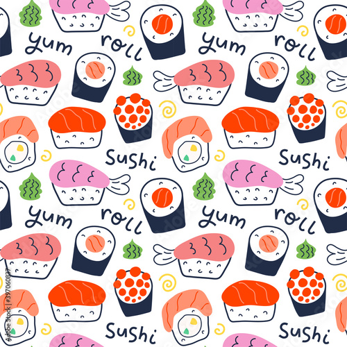 Sushi rolls pattern, seafood illustration, philadelphia, maki and nigiri, yummi japanese food with salmon and shrimp, cute doodle art, seamless vector background for sushi bar, cafe and delivery