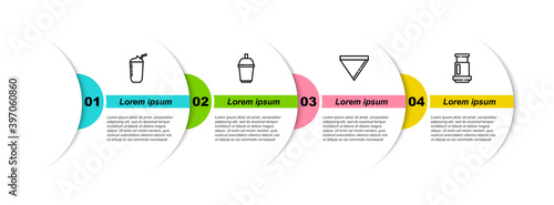 Set line Milkshake, Coffee cup to go, paper filter and Aeropress coffee. Business infographic template. Vector.