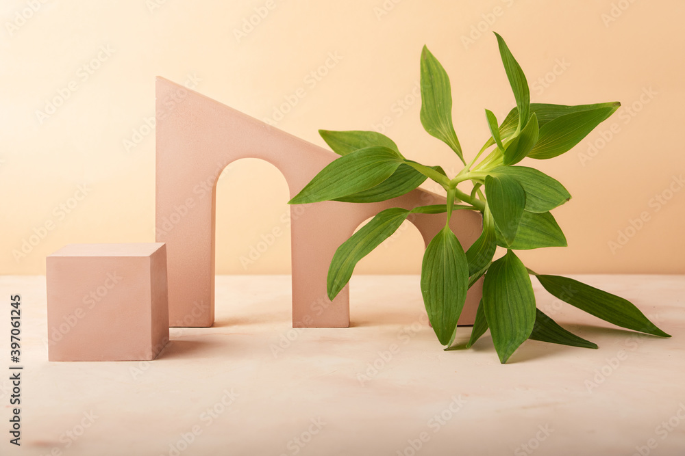 Empty geometrical cube pedestal and arch with fresh green leafs near it.Good backdrop for placing products,with copy space.Isometric backdrop.Mockup geometric shape podium. Empty geometrical cube pedestal and arch with fresh green leafs near it.Good backdrop for placing products,with copy space.Isometric backdrop.Mockup geometric shape podium.