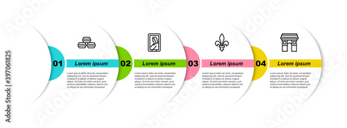 Set line Macaron cookie, Portrait in museum, Fleur De Lys and Triumphal Arch. Business infographic template. Vector.