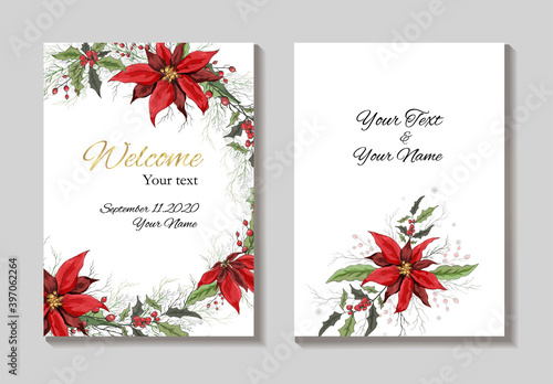 hand-drawn greeting card, an invitation made of flowers isolated on a white background. realistic Botanical bouquets,  of  flowers (poinsettia,  mistletoe, Holly). for postcards, invitations, holidays