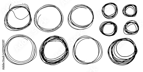 set Hand drawn ink lines circles or doodle circles vector . Round doodle sketch scribbles or round frames, black line isolated on white background with place for text, imitation of handwritten art in 