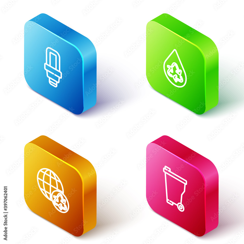 Set Isometric line LED light bulb, Recycle clean aqua, Planet earth and recycling and Trash can icon. Vector. Set Isometric line LED light bulb, Recycle clean aqua, Planet earth and recycling and Trash can icon. Vector.